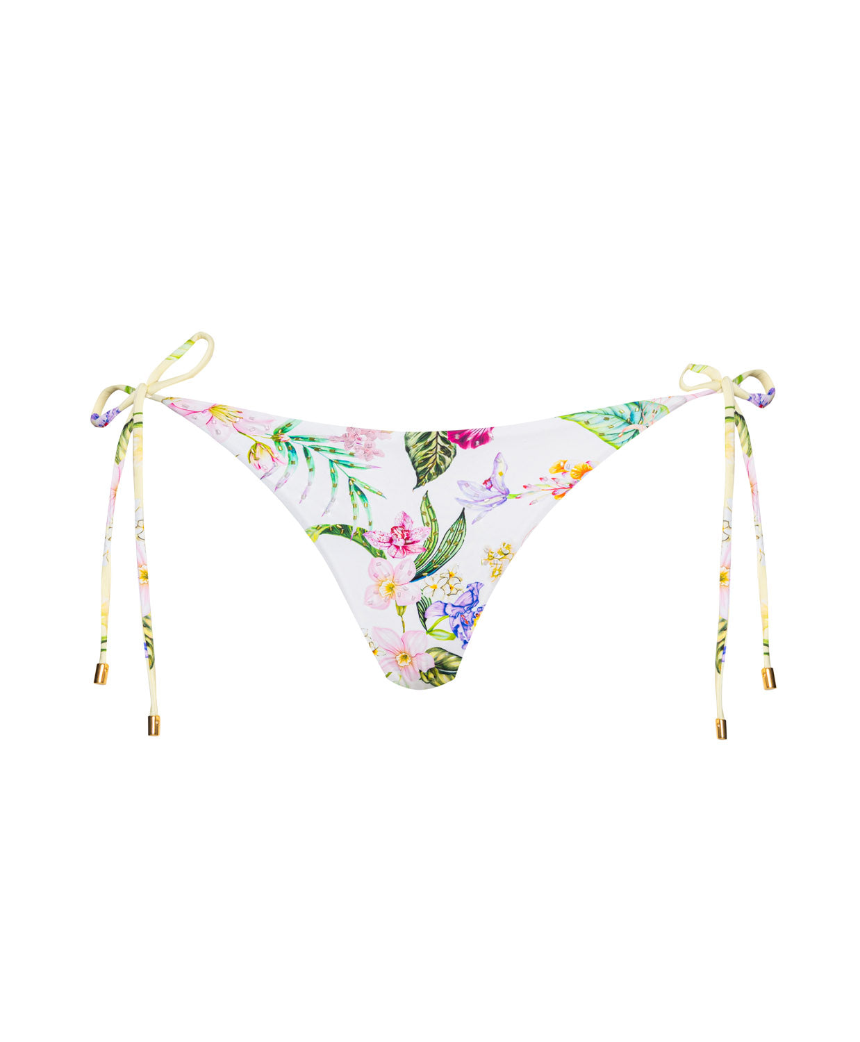 Paradise Bloom Embroidered Tie Side Bottom with tropical floral embroidery, adjustable tie sides, and a flattering low-rise fit.