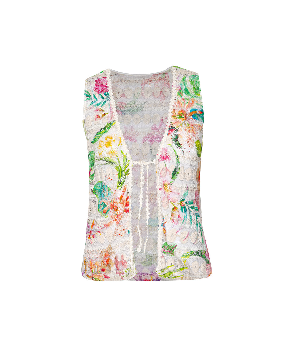 Paradise Bloom Leni Top in printed crochet fabric with tropical floral print, lace trim, and center tie closure.