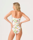 Paradise Bloom Margaux One Piece strapless swimsuit with sweetheart neckline, tropical floral print, and pastel colorblocking.