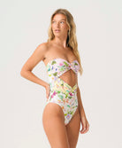 Paradise Bloom Margaux One Piece strapless swimsuit with sweetheart neckline, tropical floral print, and pastel colorblocking.