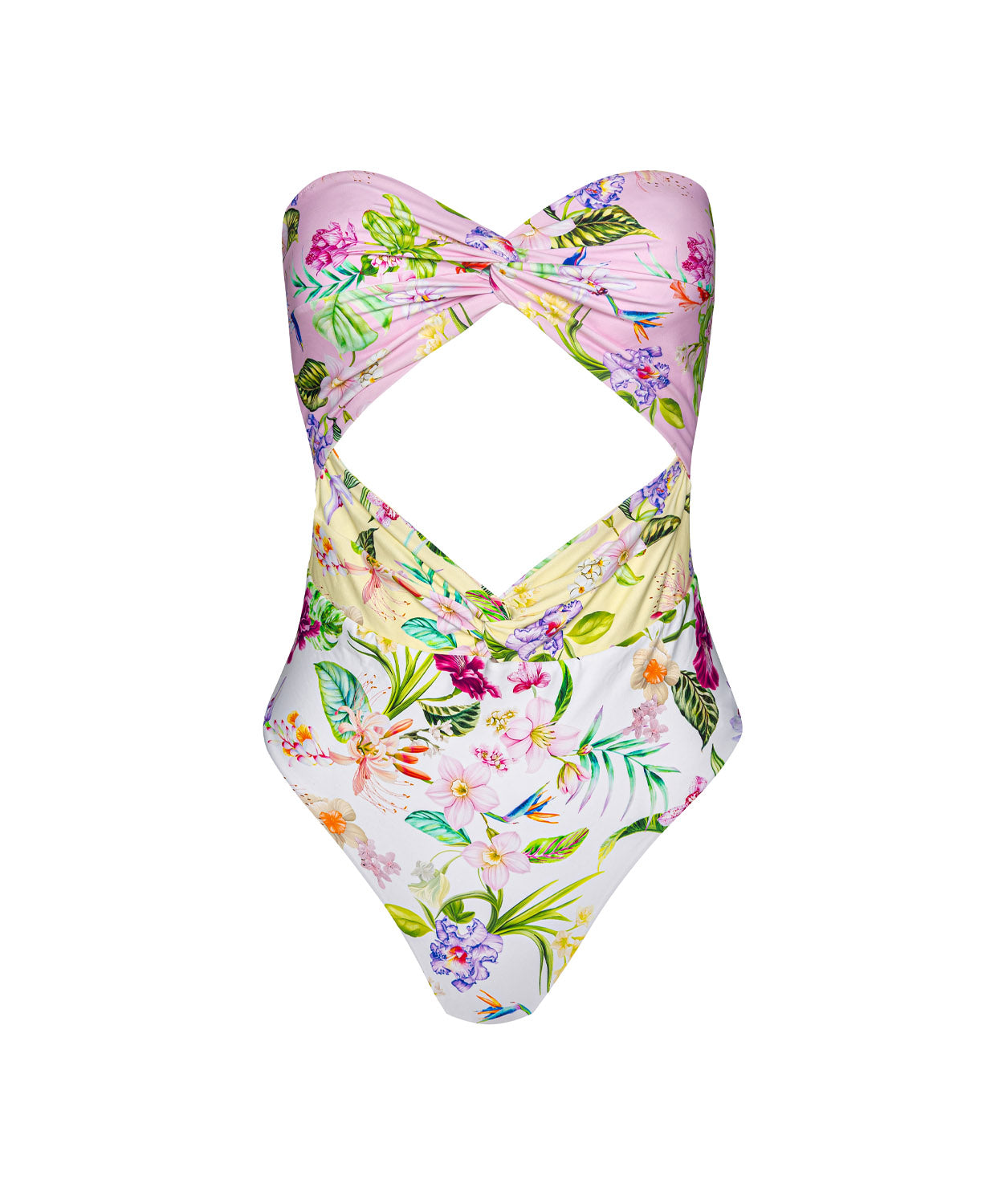 Paradise Bloom Margaux One Piece strapless swimsuit with sweetheart neckline, tropical floral print, and pastel colorblocking.