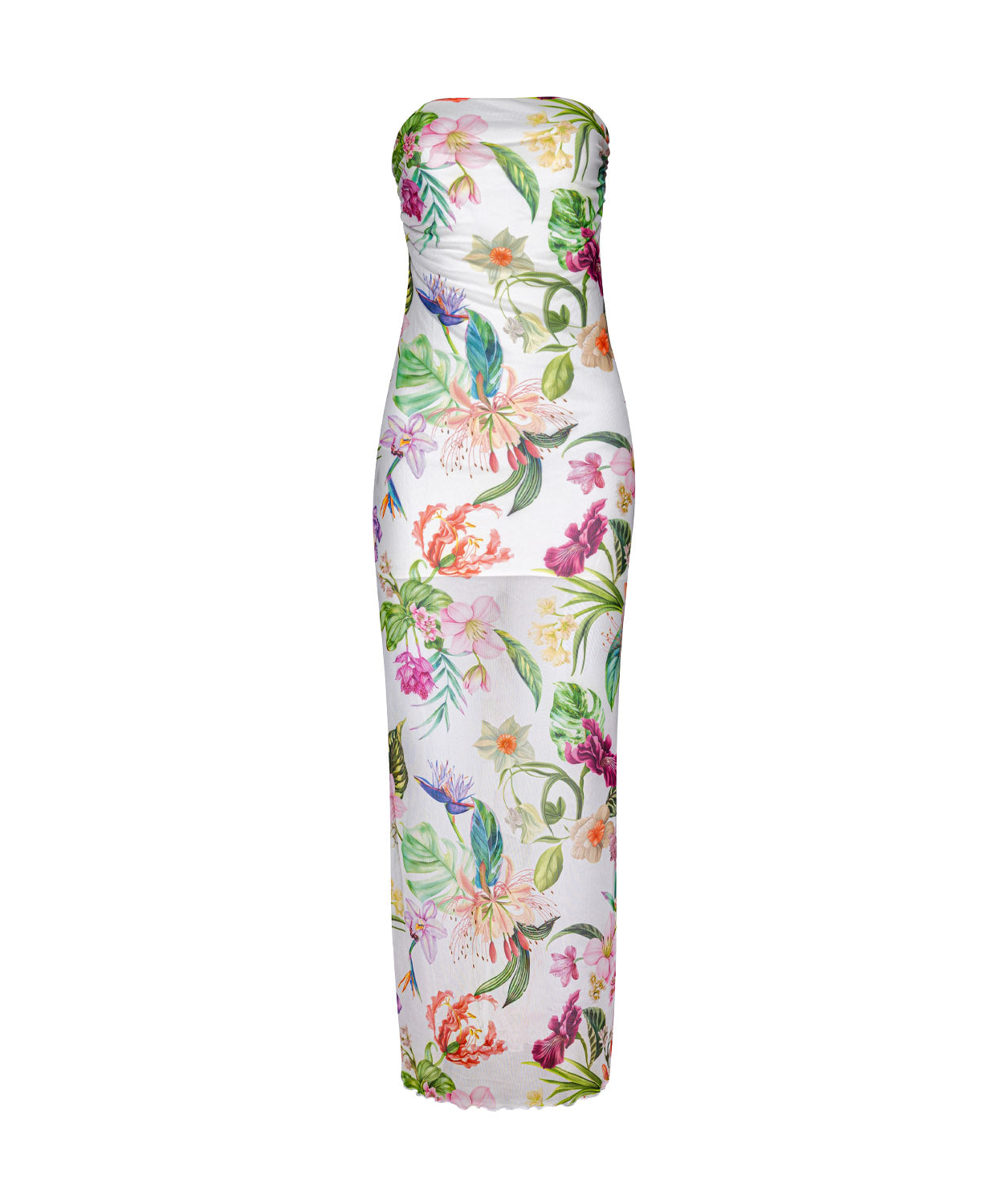 Paradise Bloom Sofia Tube Dress strapless floor-length dress with tropical floral print, sheer hem, and subtle back slit.