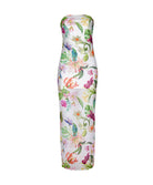 Paradise Bloom Sofia Tube Dress strapless floor-length dress with tropical floral print, sheer hem, and subtle back slit.