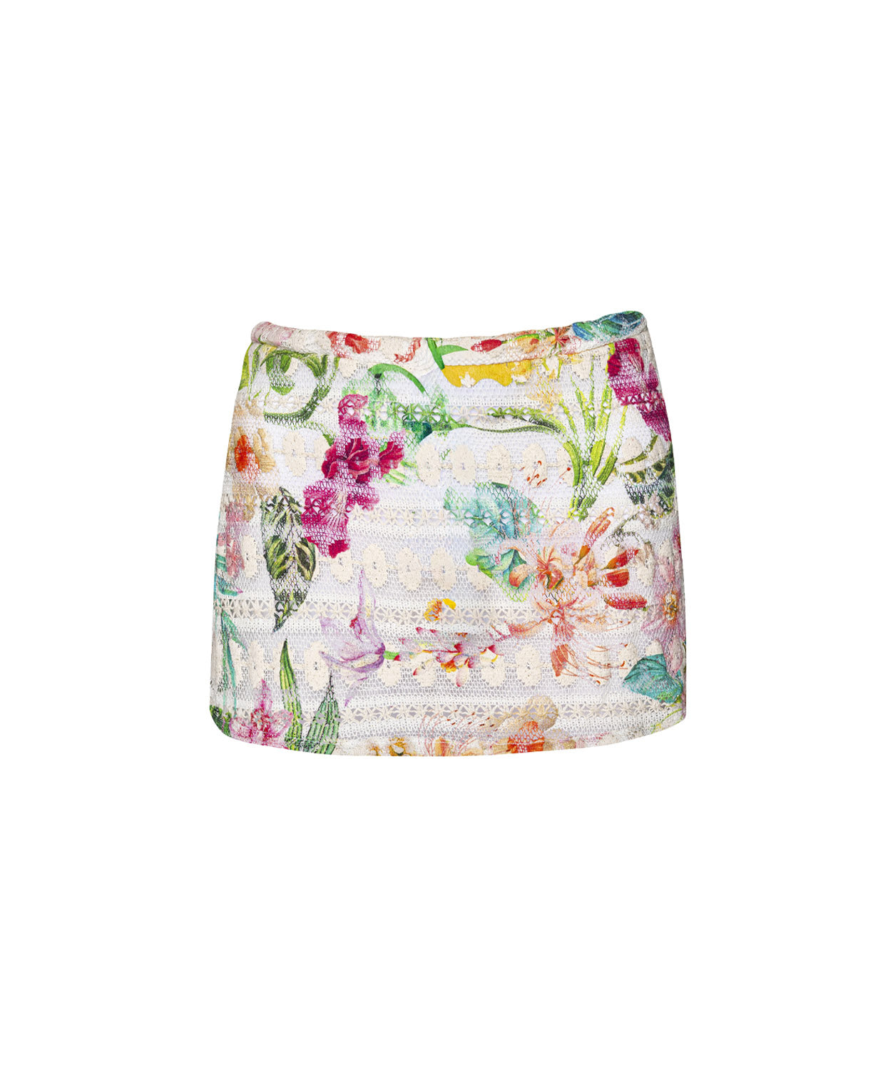 Paradise Bloom Viv Skirt printed crochet cover-up with tropical floral print and adjustable drawstring tie.
