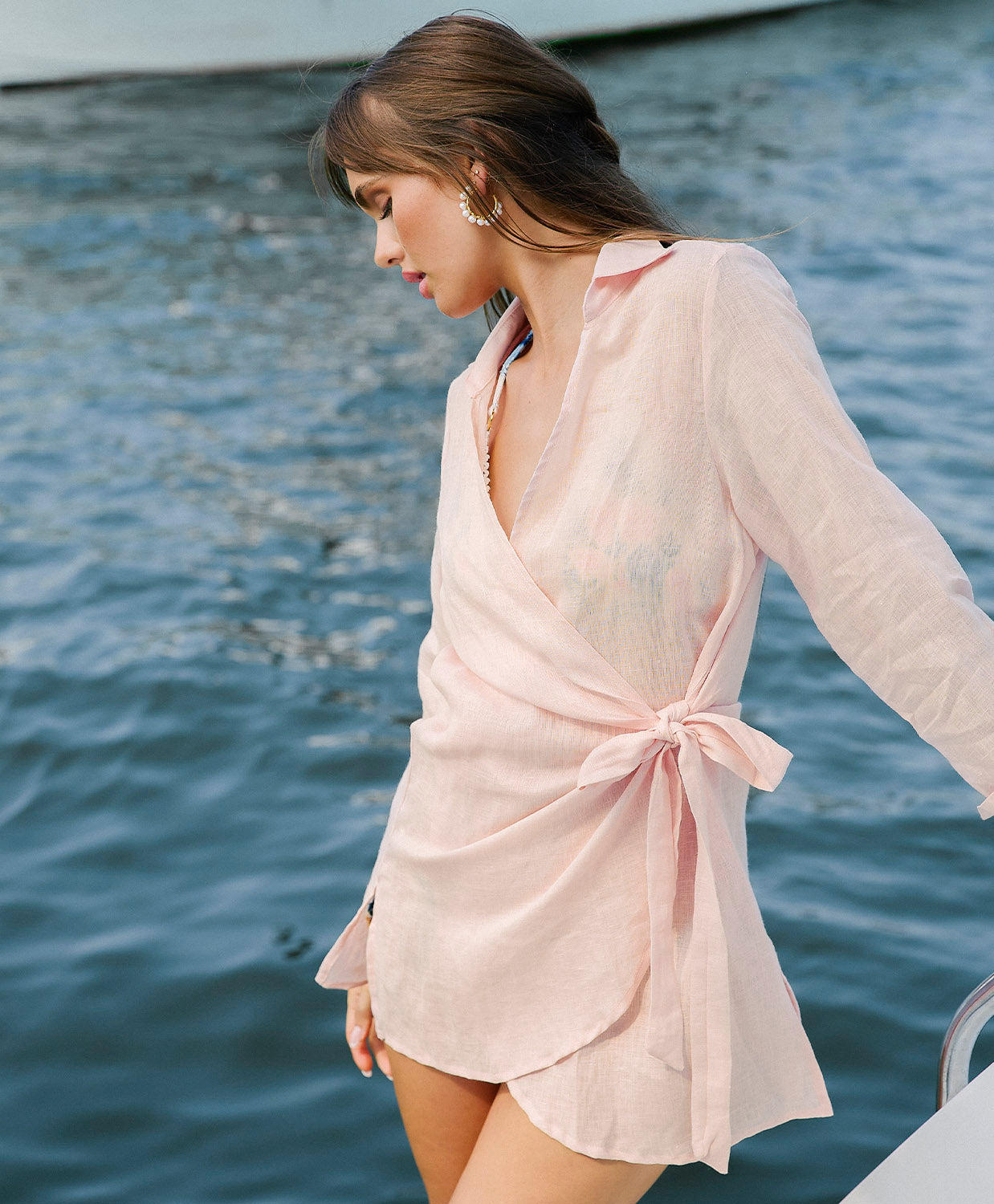 Pitaya Lily Cover Up pastel pink linen cover up with collar, side tie, and airy beach-ready fit