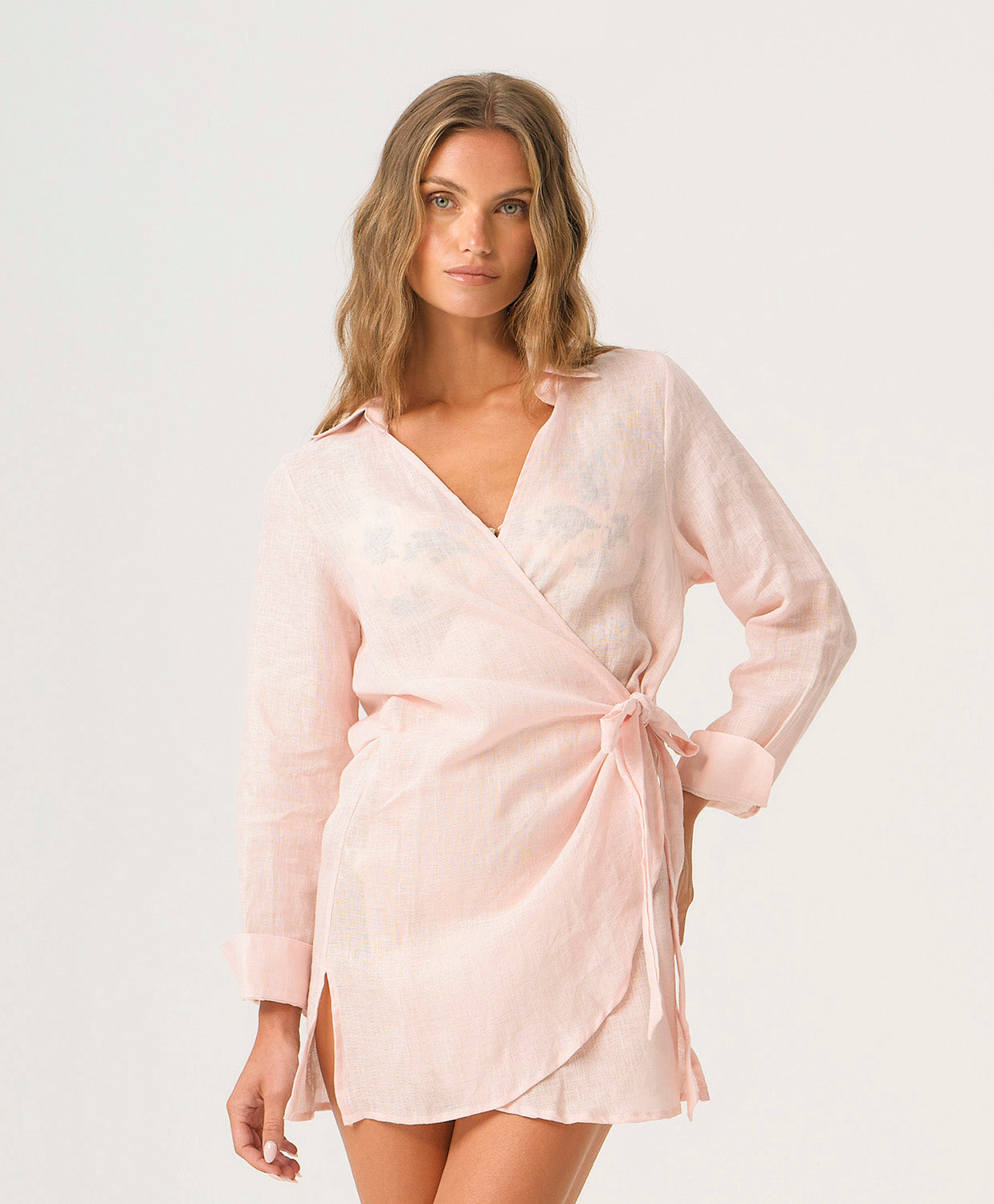 Pitaya Lily Cover Up pastel pink linen cover up with collar, side tie, and airy beach-ready fit