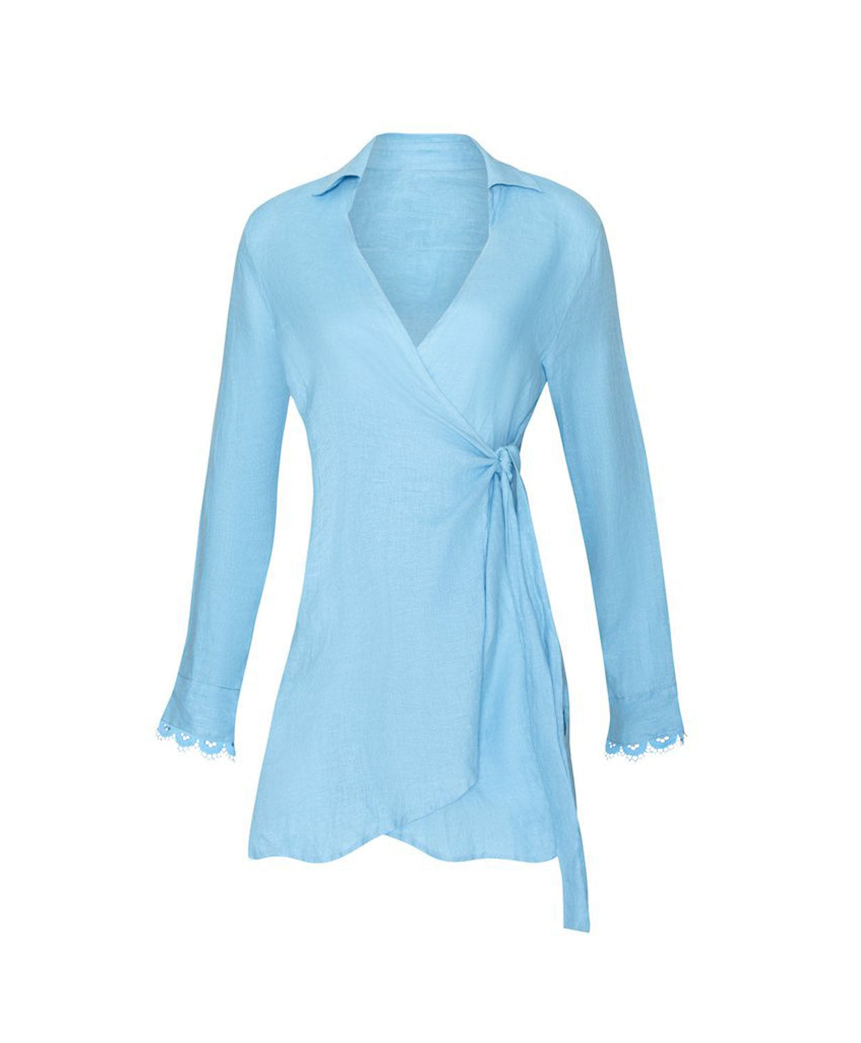 A light blue long-sleeve wrap top with a V-neckline, side tie, and scalloped lace trim at the cuffs, shown against a plain white background.