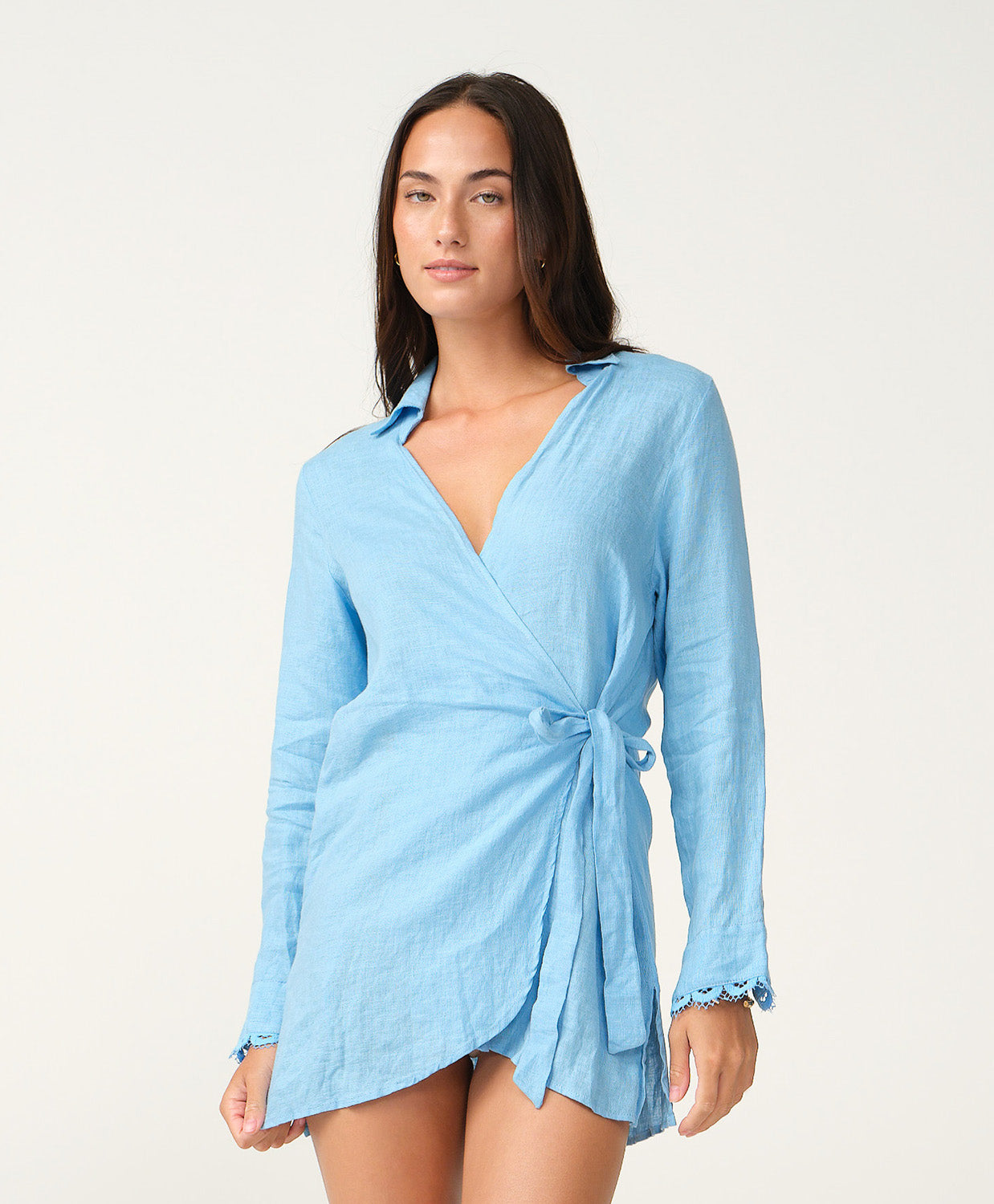 Powder Cloud Lily Cover Up with lace-trimmed sleeves