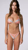 A woman wearing a striped triangle top bikini and matching bottoms spinning in front of a white wall.