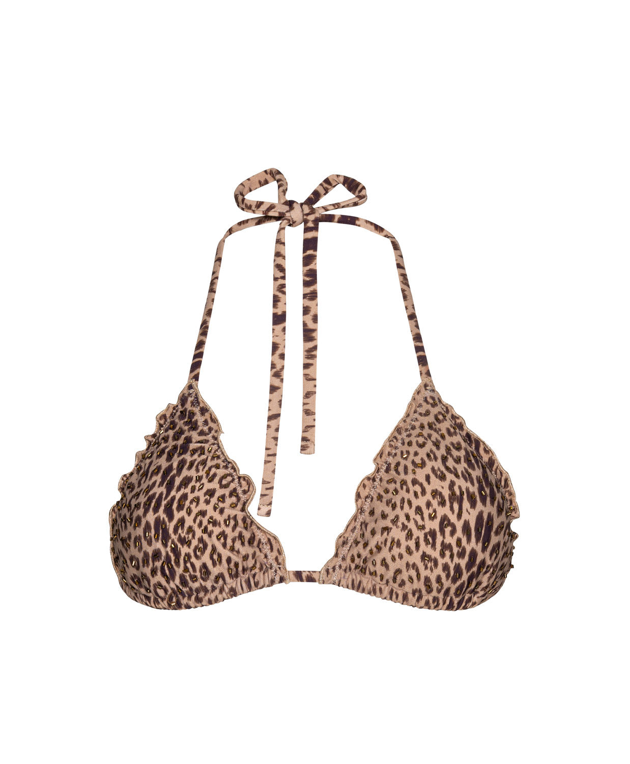 Raja Embroidered Lettuce Edge Triangle Top with leopard print, hand-embroidered beading, and delicate lettuce-edge trim with adjustable tie straps.