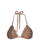 Raja Embroidered Lettuce Edge Triangle Top with leopard print, hand-embroidered beading, and delicate lettuce-edge trim with adjustable tie straps.