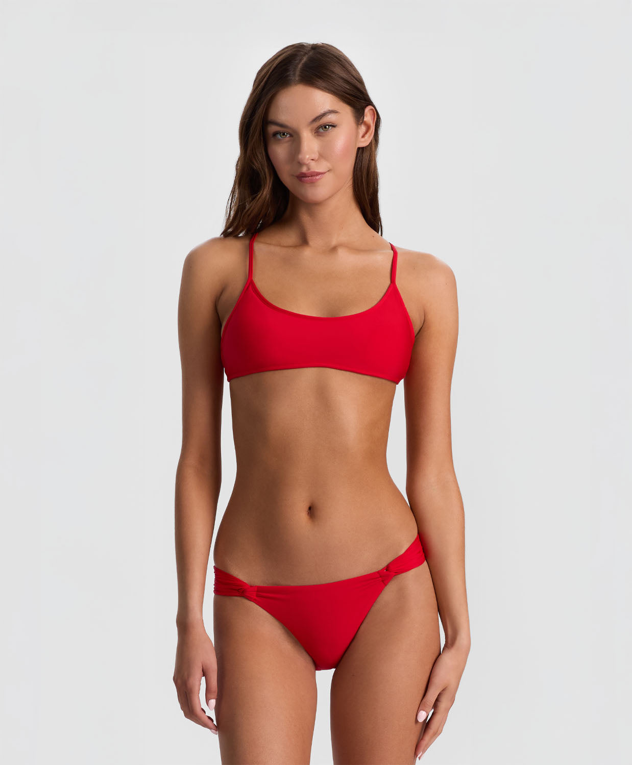 Red Apple Fanned Bottom by ALICE + OLIVIA x PQ Swim with ruched back, scrunched sides, and cheeky low-rise fit in a playful summer print.