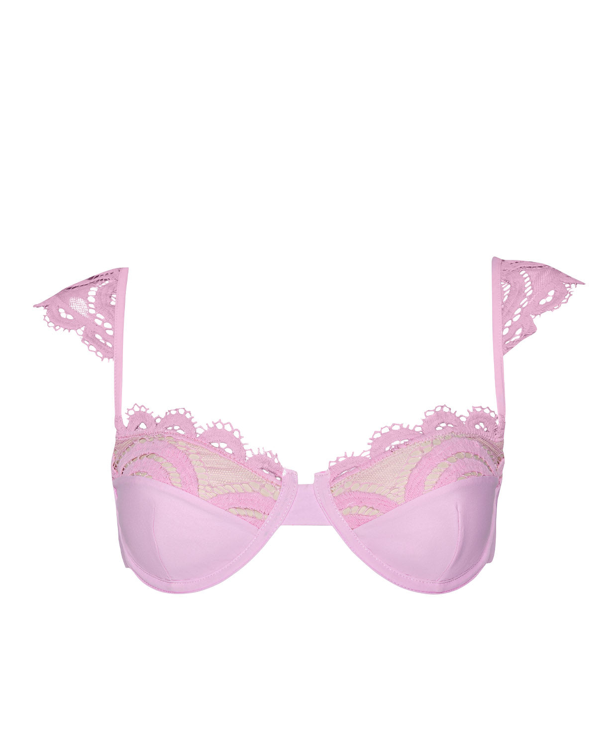 Rosé Gia Lace Underwire Top bikini with pastel pink fabric, lace-trimmed cups, adjustable straps, and tie-back fit.