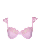 Rosé Gia Lace Underwire Top bikini with pastel pink fabric, lace-trimmed cups, adjustable straps, and tie-back fit.