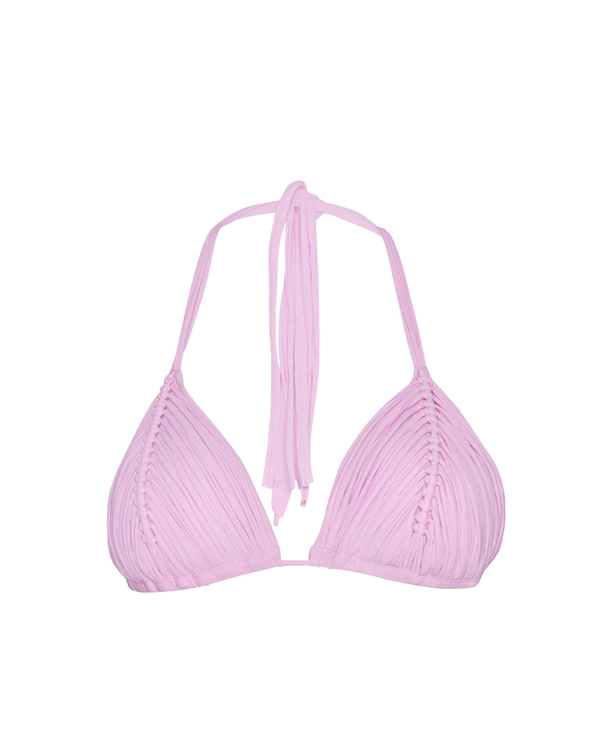 Rosé Isla Triangle Top bikini with blush-pink tone, handwoven macramé detailing, and adjustable tie straps.