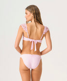Rosé Lace Fanned Bottom bikini bottom in pastel pink with hand-cut lace and subtle back ruching for a flattering fit.