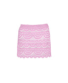 Rosé Lace Maycee Skirt mini skirt in pastel pink with hand-cut lace detailing and scalloped hem.