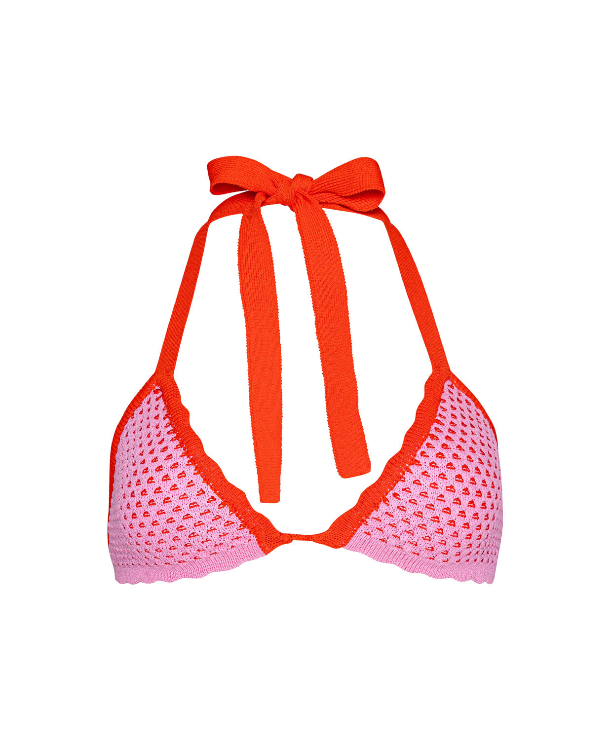 Rosé Wren Crochet Triangle Top with soft pink crochet, red color-blocked trim, and adjustable tie straps.