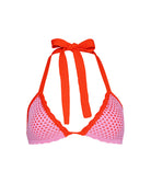 Rosé Wren Crochet Triangle Top with soft pink crochet, red color-blocked trim, and adjustable tie straps.