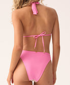 Scarlet Eleanor halter bikini top in vibrant pink, red, and white chevron with shimmering gold lurex, featuring an adjustable tie-neck design