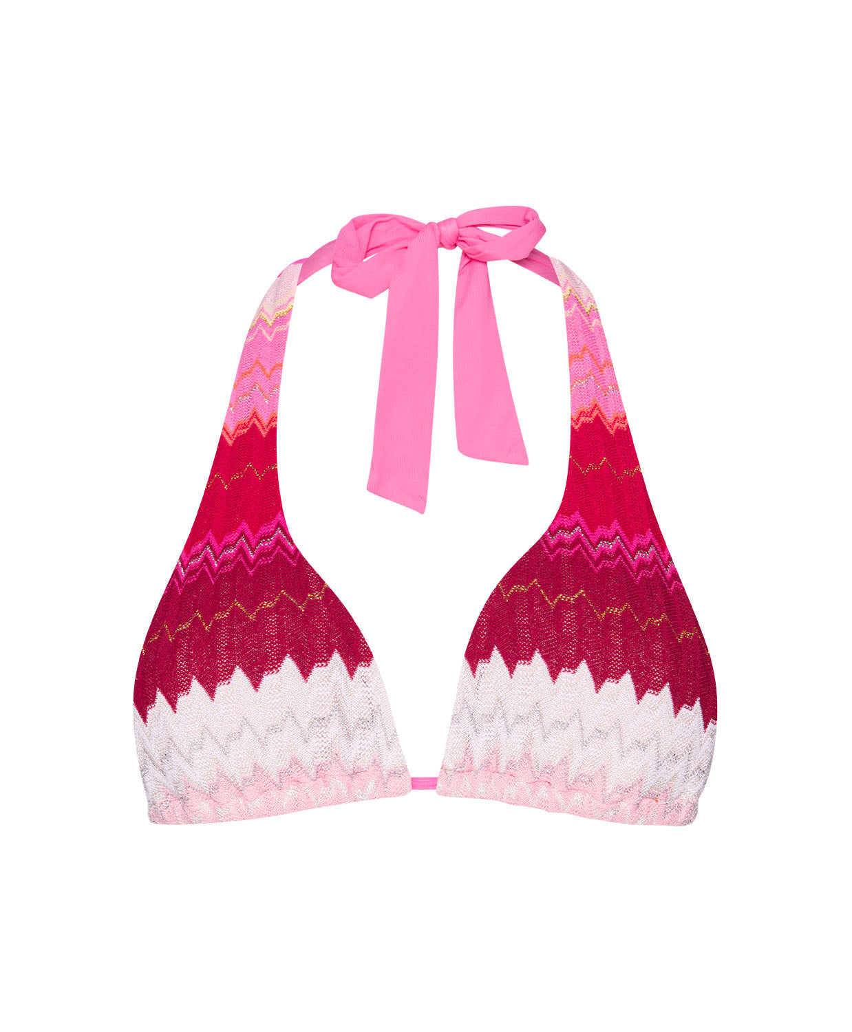 Scarlet Eleanor halter bikini top in vibrant pink, red, and white chevron with shimmering gold lurex, featuring an adjustable tie-neck design