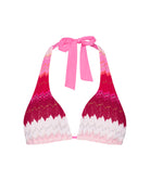 Scarlet Eleanor halter bikini top in vibrant pink, red, and white chevron with shimmering gold lurex, featuring an adjustable tie-neck design