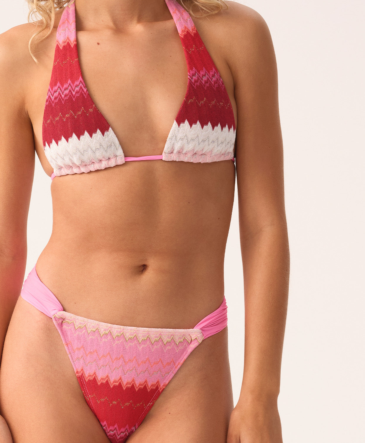 Scarlette High-waisted fanned bikini bottom in chevron pink and red with gold shimmer