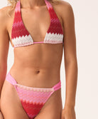 Scarlette High-waisted fanned bikini bottom in chevron pink and red with gold shimmer