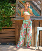 solana meg high waist pant in blue printed crochet with tropical floral design