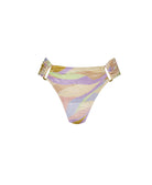 Sorrento Detail Fanned Bottom bikini bottom with shimmering multicolor fabric, gold embellishments, and a flattering mid-rise fit.
