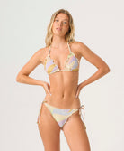 Sorrento Embroidered Lettuce Edge Triangle Top with shimmering multicolor fabric, lettuce-edge trim, and adjustable tie straps.