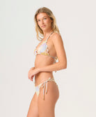 Sorrento Embroidered Lettuce Edge Triangle Top with shimmering multicolor fabric, lettuce-edge trim, and adjustable tie straps.