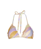 Sorrento Embroidered Lettuce Edge Triangle Top with shimmering multicolor fabric, lettuce-edge trim, and adjustable tie straps.