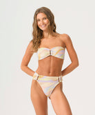 Sorrento Ring Bandeau bikini top with shimmering multicolor fabric, 24k gold-dipped ring detail, and adjustable tie back.