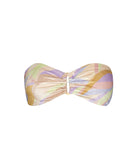 Sorrento Ring Bandeau bikini top with shimmering multicolor fabric, 24k gold-dipped ring detail, and adjustable tie back.