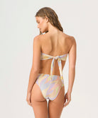 Sorrento Ring Bandeau bikini top with shimmering multicolor fabric, 24k gold-dipped ring detail, and adjustable tie back.