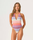 Sunkissed Remi One Piece in multicolor shimmering chevron fabric with halter tie, plunging neckline, and low back.