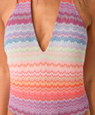 Sunkissed Remi One Piece in multicolor shimmering chevron fabric with halter tie, plunging neckline, and low back.