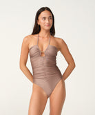 Sunlit Cocoa Alma Cut Out Halter One Piece with ruching and gold-dipped accessory bar
