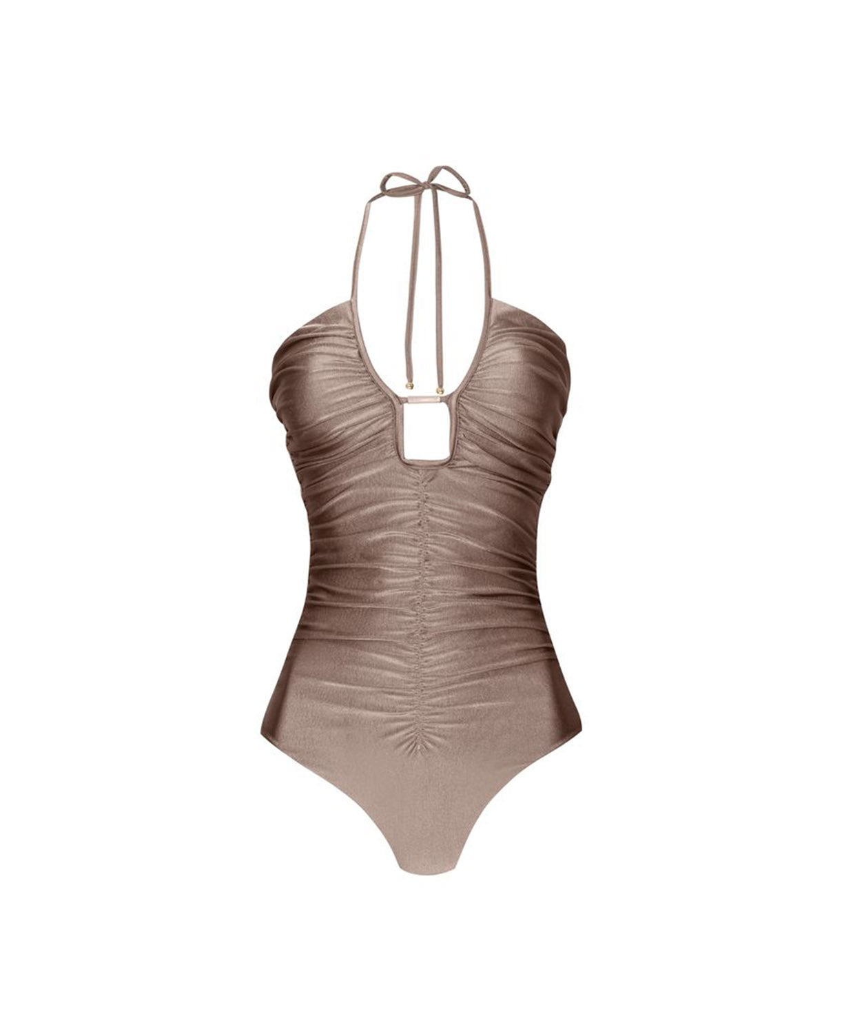 Sunlit Cocoa Alma Cut Out Halter One Piece with ruching and gold-dipped accessory bar
