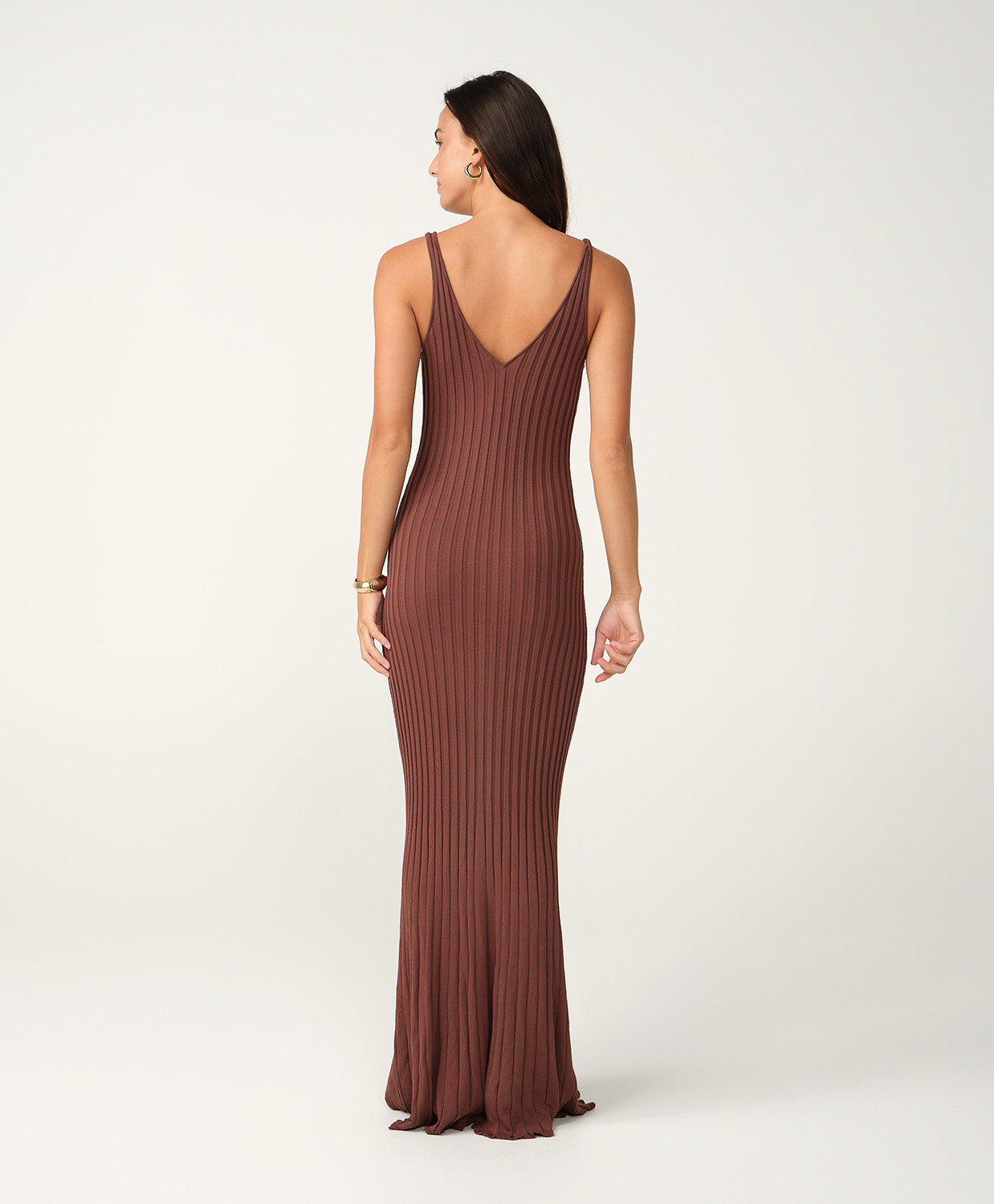 Sunlit Cocoa Autumn Dress in soft ribbed fabric with V-neckline and flared hem