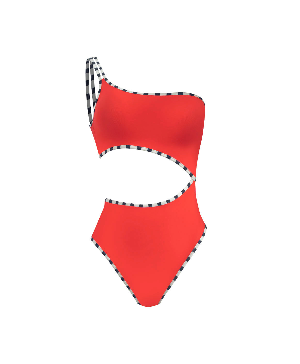 Sunset Waves Elie Asymmetric One Piece in passion red with one-shoulder cutout design and contrast piping
