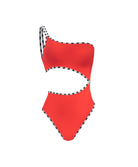 Sunset Waves Elie Asymmetric One Piece in passion red with one-shoulder cutout design and contrast piping