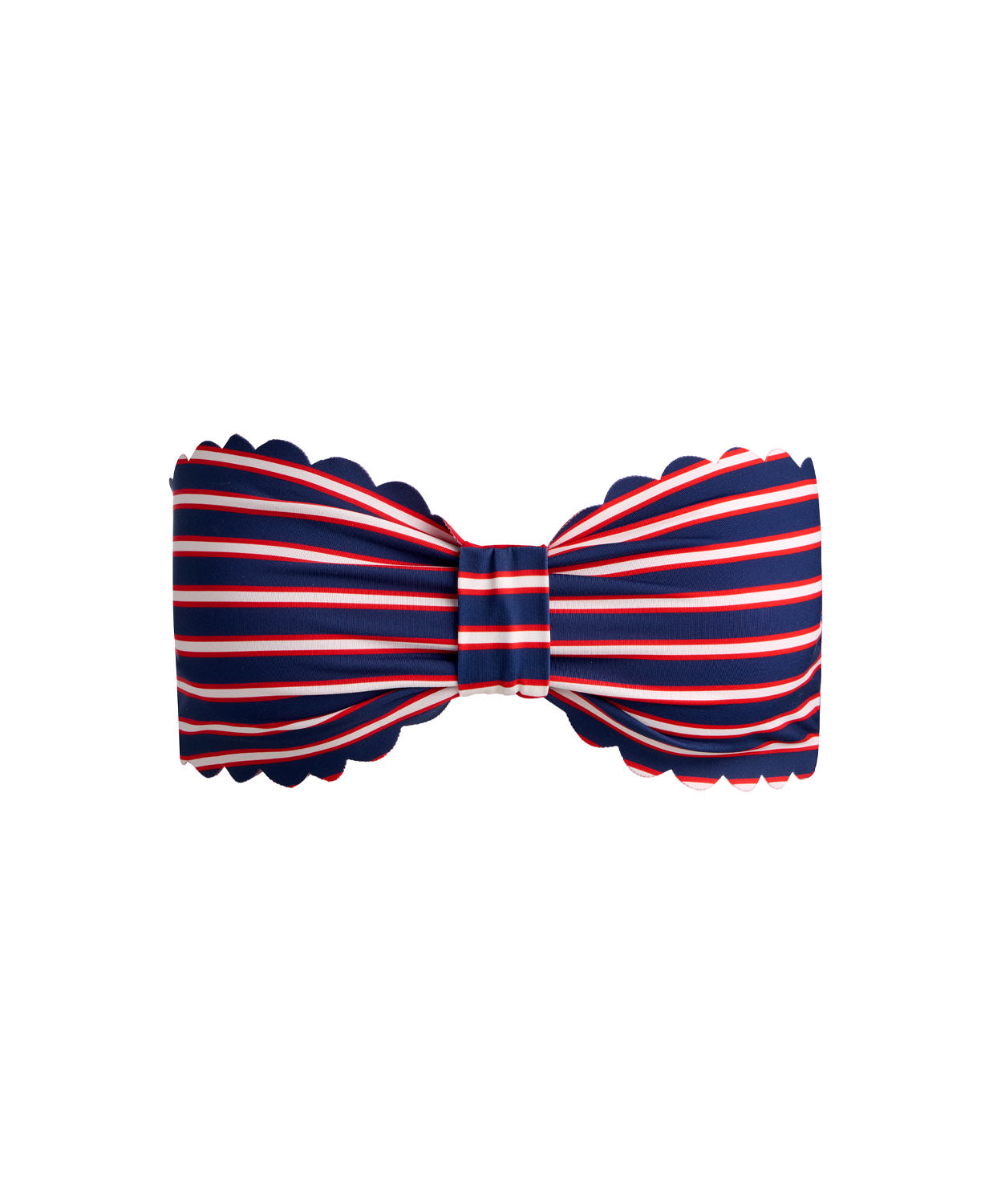 Teakwood Reversible Scalloped Bandeau strapless bikini top with scalloped trim, nautical stripes on one side and sea siren red on the reverse