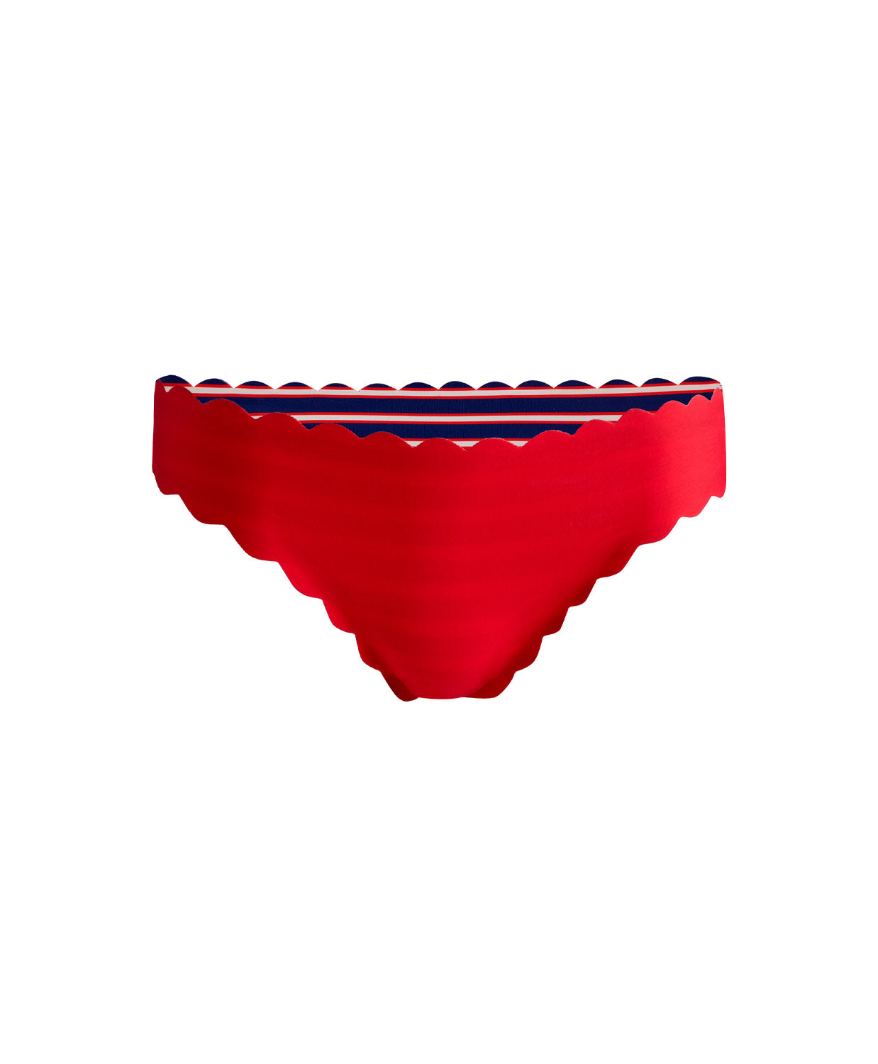 Teakwood Reversible Scalloped Bottom bikini with nautical stripes and red, scalloped trim.