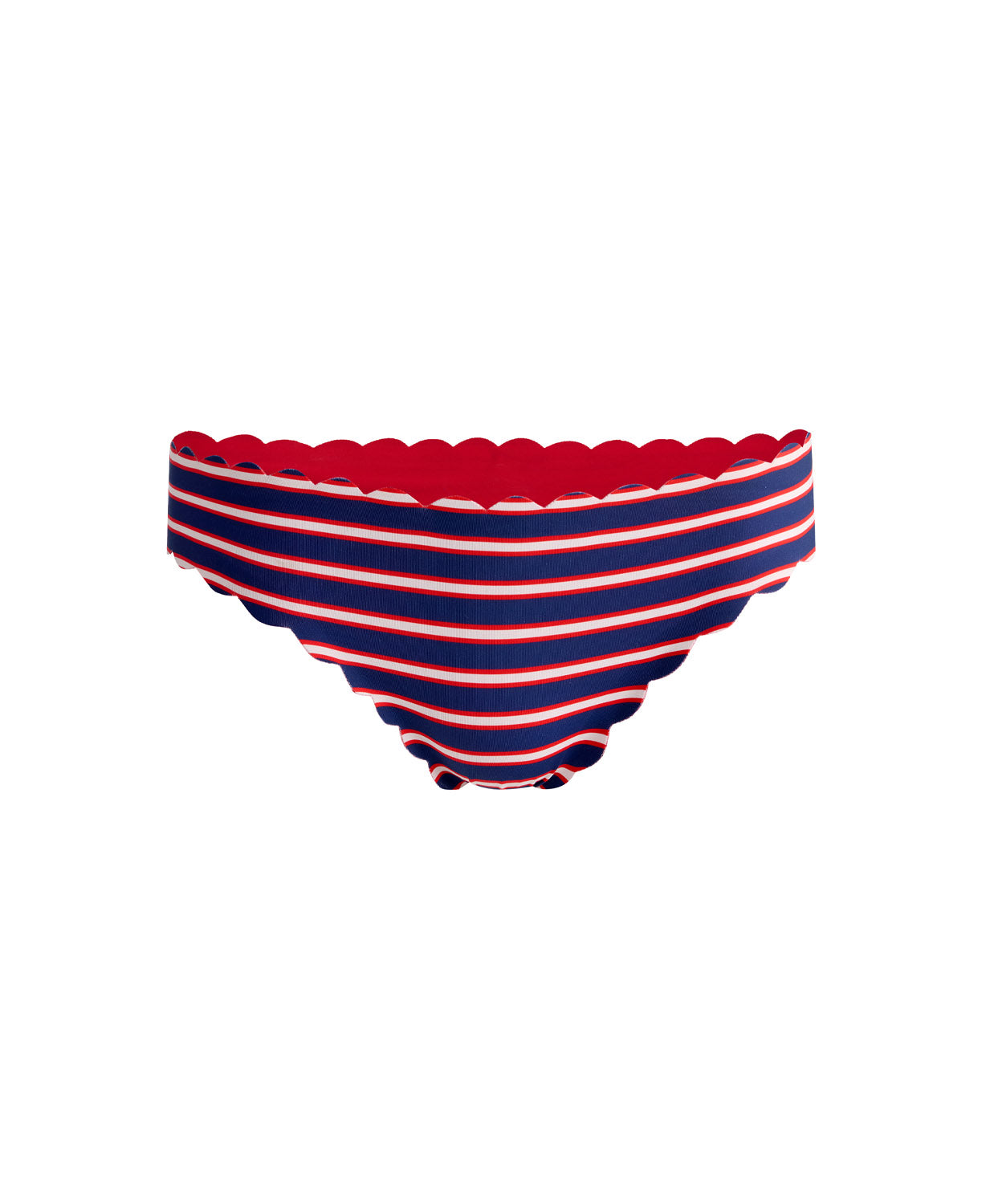 Teakwood Reversible Scalloped Bottom bikini with nautical stripes and red, scalloped trim.