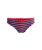 Teakwood Reversible Scalloped Bottom bikini with nautical stripes and red, scalloped trim.