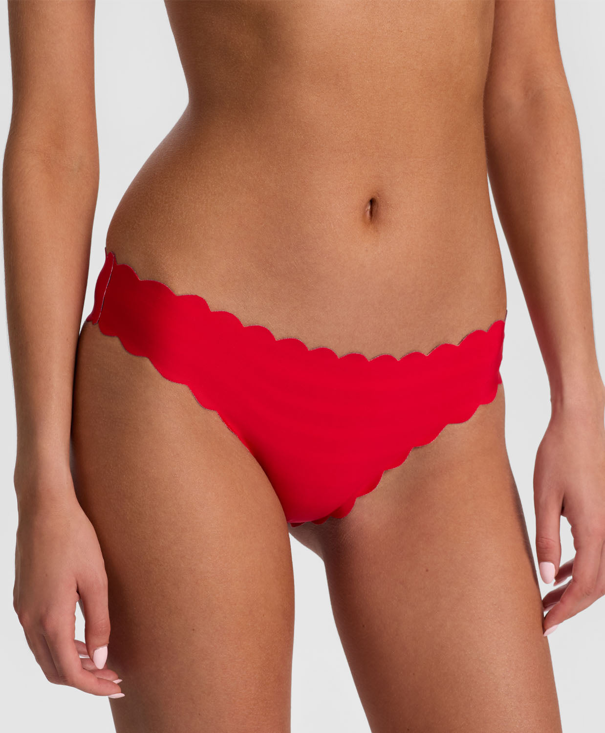 Teakwood Reversible Scalloped Bottom bikini with nautical stripes and red, scalloped trim.