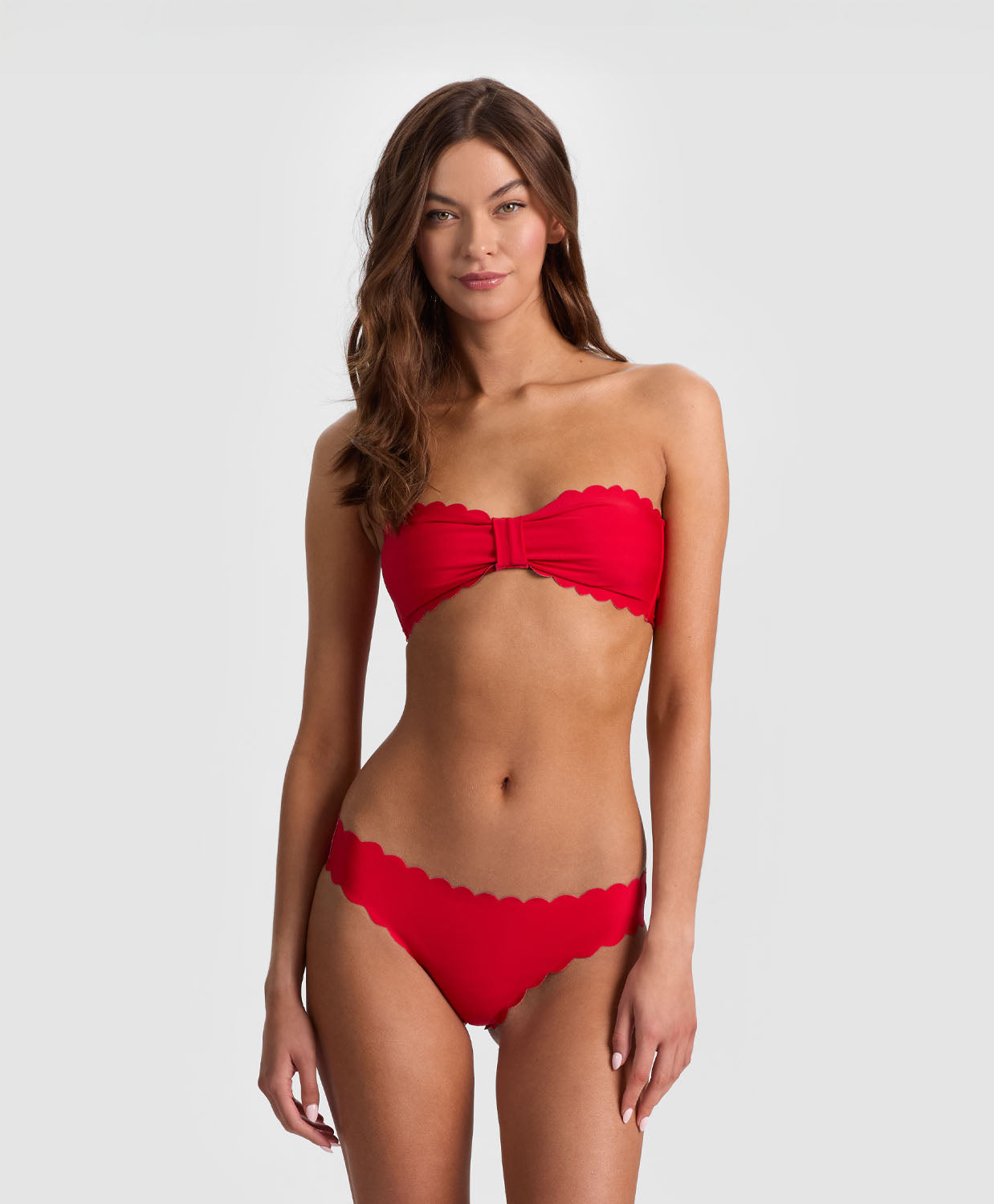 Teakwood Reversible Scalloped Bottom bikini with nautical stripes and red, scalloped trim.