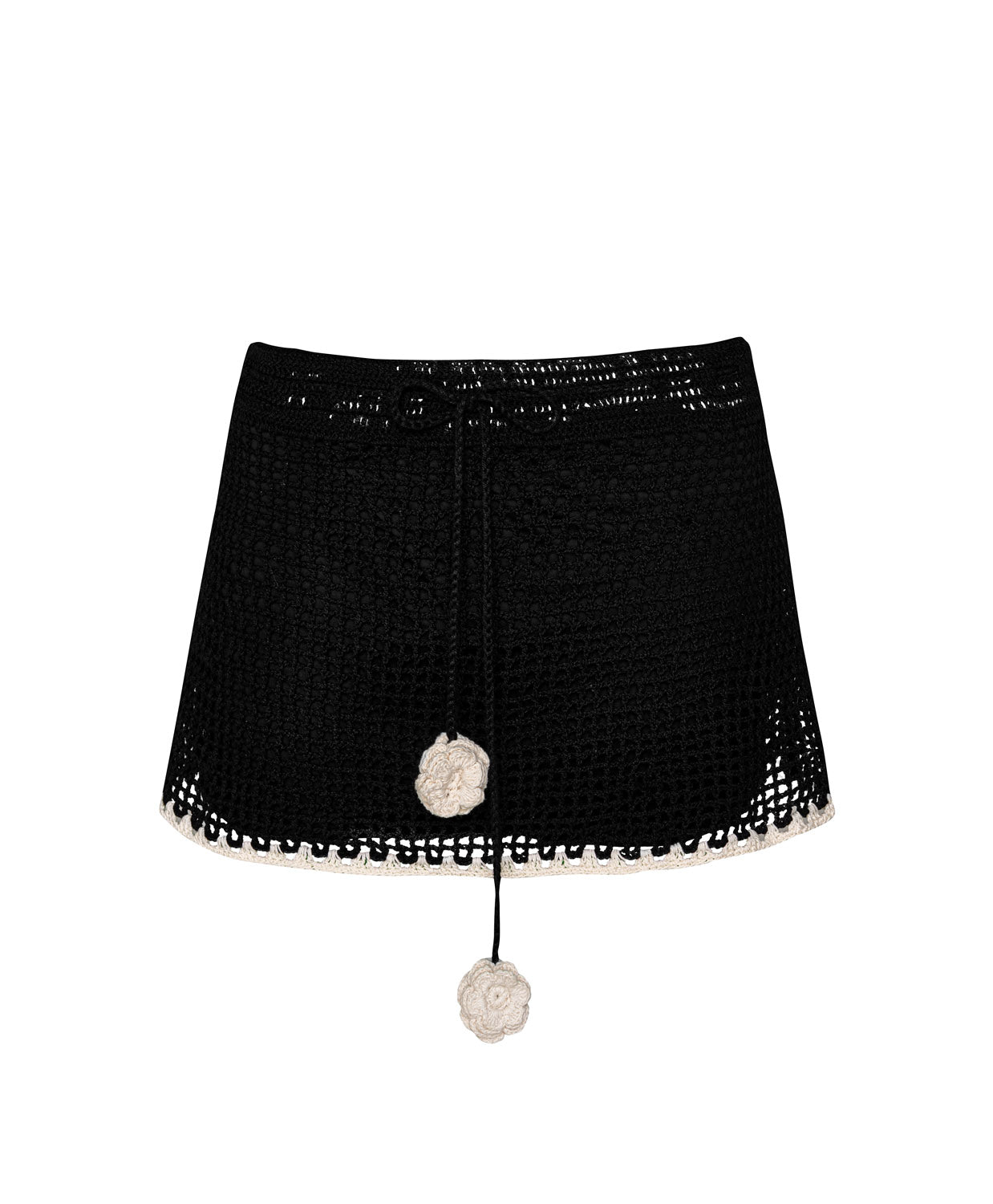 black crochet mini skirt with white flower appliqué ties, adjustable fit, resort-ready style